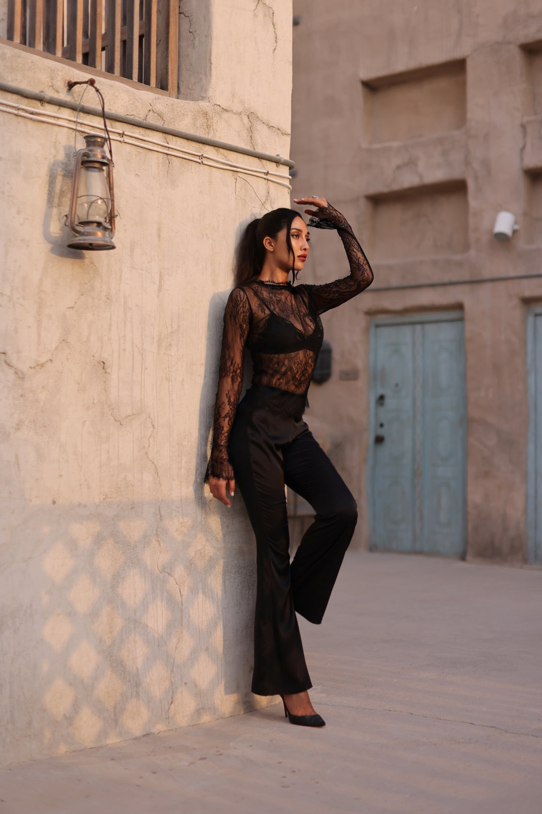 Chantilly Lace Blouse in Black with Silk Pants Set