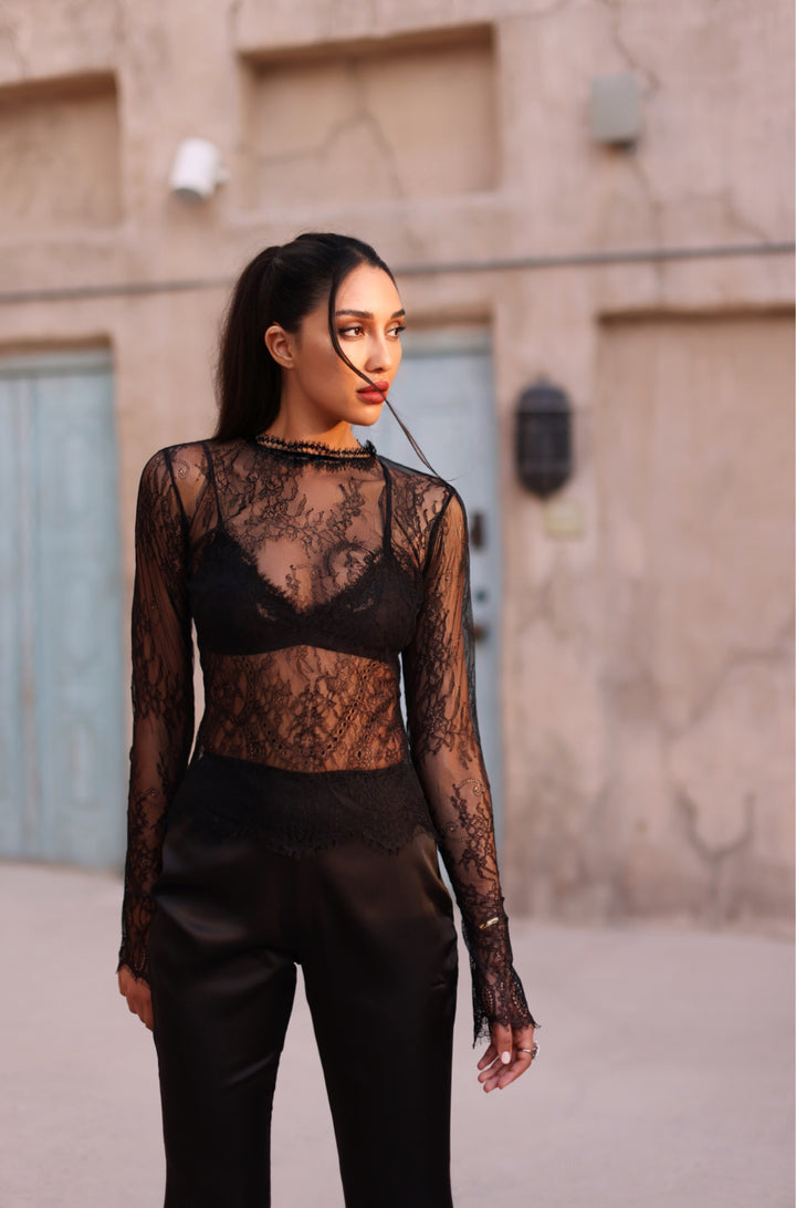 Chantilly Lace Blouse in Black with Silk Pants Set