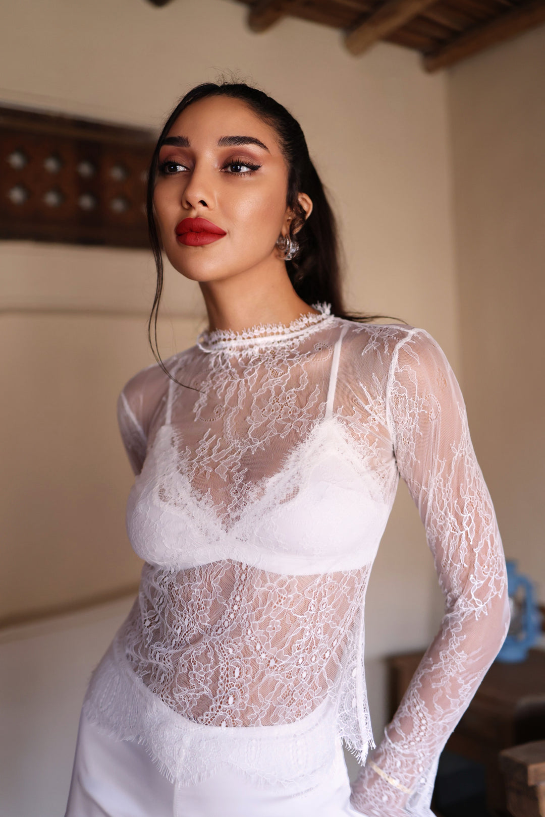 Chantilly Lace Blouse in White with Silk Pants Set