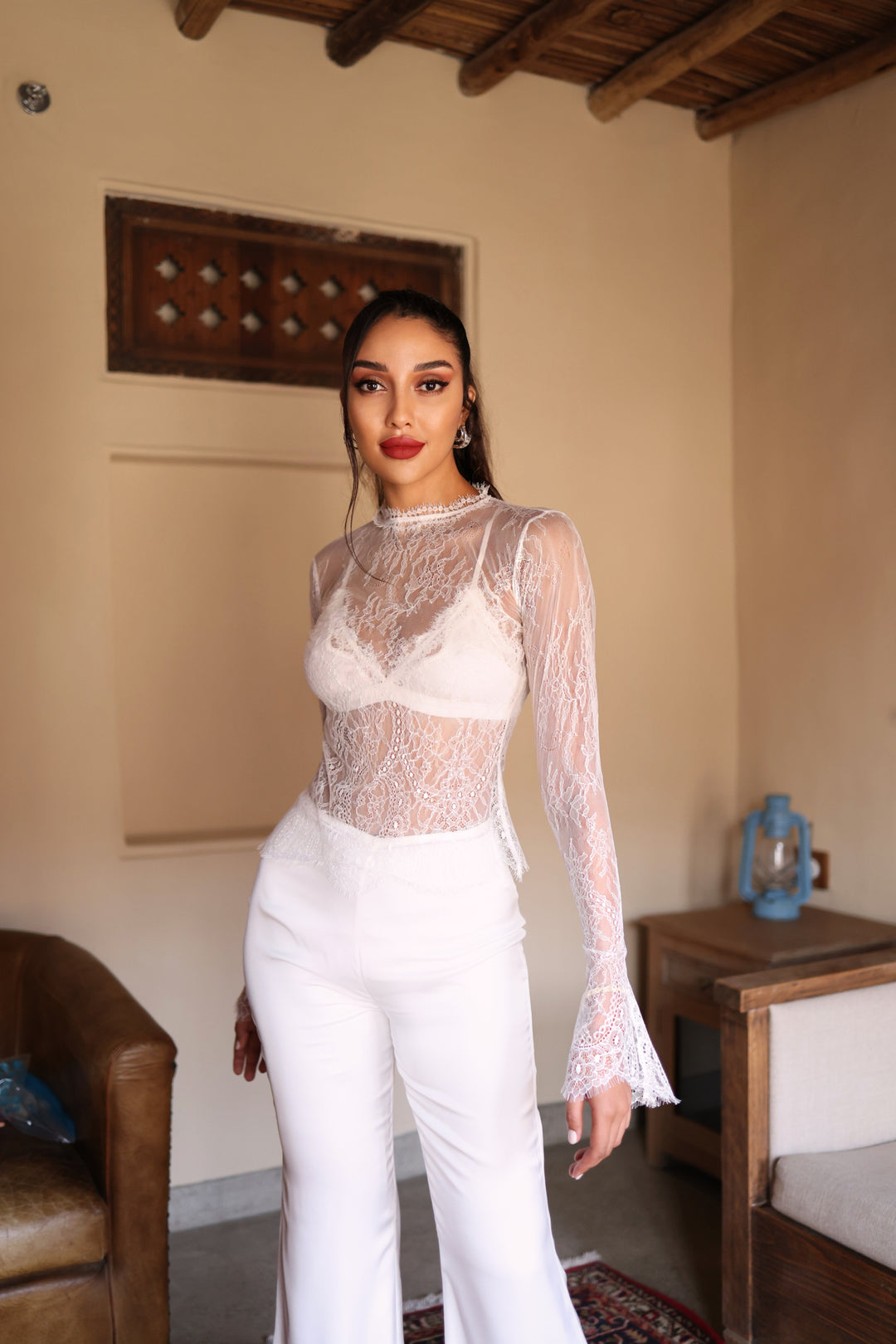 Chantilly Lace Blouse in White with Silk Pants Set