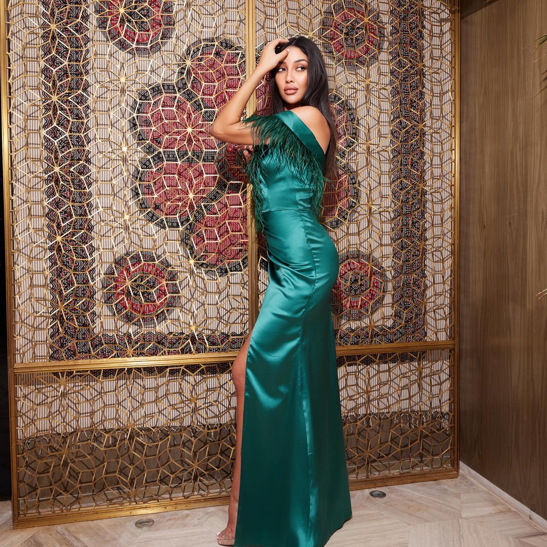 Emerald Maxi Dress with Feathers. Limited Edition