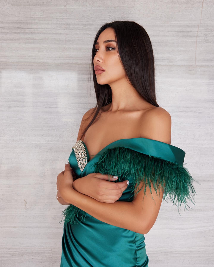 Emerald Mini Dress with Feathers. Limited Edition